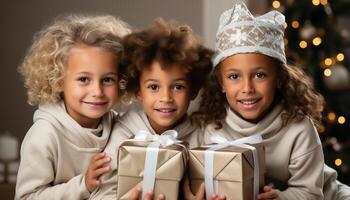 ai gerado sorridente crianças segurando Natal presentes, espalhando felicidade e alegria gerado de ai foto