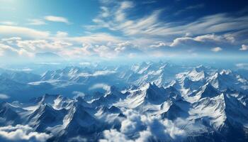 ai gerado majestoso montanha pico, azul céu, neve coberto paisagem, panorâmico beleza gerado de ai foto