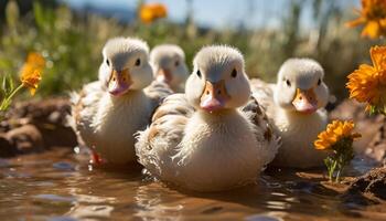 ai gerado fofa patinho grasnado perto lago, cercado de natureza beleza gerado de ai foto