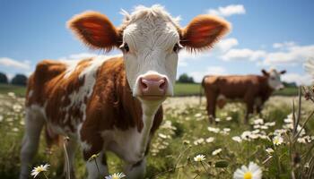 ai gerado vacas pastar dentro verde Prado, desfrutando a verão Sol gerado de ai foto