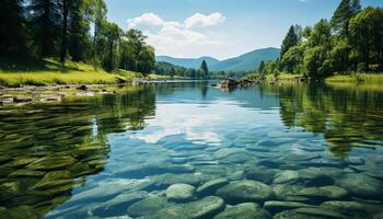 ai gerado tranquilo cena montanha pico reflete dentro sereno, fluindo lagoa gerado de ai foto