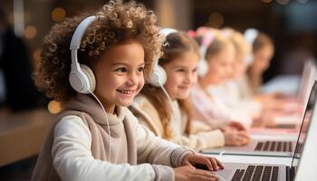 ai gerado sorridente Rapazes e meninas estudando junto, usando fones de ouvido e tecnologia gerado de ai foto