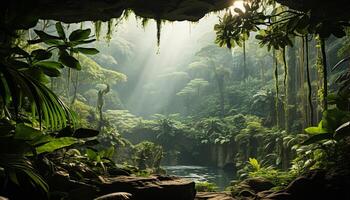 ai gerado tropical floresta tropical aventura exuberante verde árvores, fluindo água, misterioso beleza gerado de ai foto