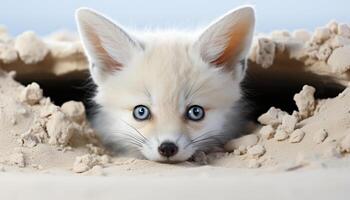 ai gerado fofa gatinho jogando ao ar livre, encarando às Câmera com azul olhos gerado de ai foto