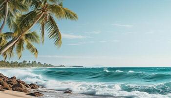 ai gerado idílico pôr do sol sobre tropical litoral, ondas batida em arenoso de praia gerado de ai foto