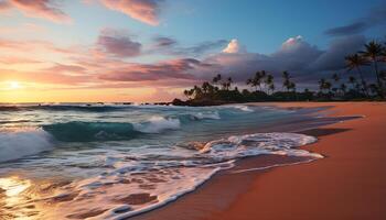 ai gerado pôr do sol sobre tropical litoral, ondas batida em arenoso de praia gerado de ai foto
