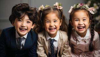 ai gerado sorridente meninas e Rapazes, alegre infância, fofa retrato do felicidade gerado de ai foto