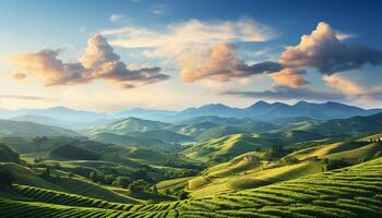 ai gerado idílico Fazenda panorama verde prados, arroz arrozais, e majestoso montanhas gerado de ai foto