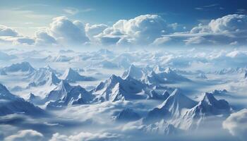 ai gerado majestoso montanha pico, azul céu, neve coberto paisagem, tranquilo cena gerado de ai foto