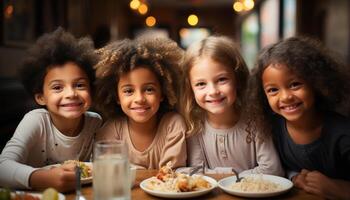 ai gerado sorridente crianças desfrutando comida, vínculo dentro de casa, a comemorar amizade juntos gerado de ai foto