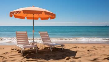 ai gerado banhos de sol em uma área coberta cadeira de a tranquilo azul litoral gerado de ai foto