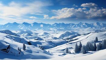 ai gerado tranquilo inverno panorama Nevado montanhas, azul céu, e congeladas floresta gerado de ai foto