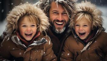 ai gerado sorridente família abraços inverno, jogando dentro neve, alegre e alegre gerado de ai foto