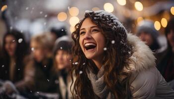 ai gerado sorridente mulheres apreciar inverno noite, riso e união iluminar gerado de ai foto