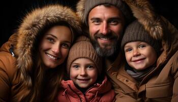 ai gerado sorridente inverno criança, alegre família abraçando natureza beleza gerado de ai foto