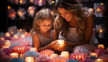 ai gerado sorridente mãe e criança apreciar luz de velas celebração, amor e união gerado de ai foto