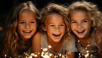 ai gerado sorridente garotas, fofa amizade, alegre risada, brincalhão União, aniversário celebração gerado de ai foto