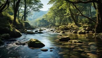 ai gerado tranquilo cena verde árvore, fluindo água, montanha faixa, borrado movimento gerado de ai foto