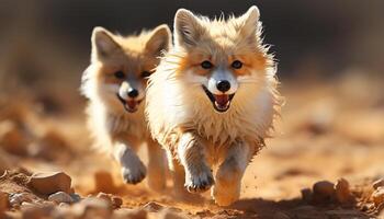 ai gerado fofa cachorro jogando ao ar livre, corrida com alegria dentro outono luz solar gerado de ai foto