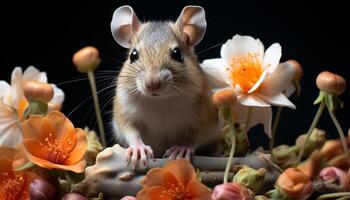 ai gerado fofa pequeno roedor sentado em grama, cercado de colorida flores gerado de ai foto
