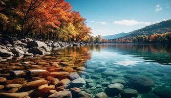 ai gerado tranquilo cena outono floresta reflete vibrante cores dentro tranquilo lagoa gerado de ai foto