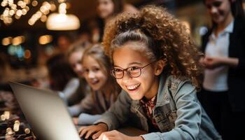 ai gerado sorridente meninas estudando junto, desfrutando Aprendendo com laptops dentro de casa gerado de ai foto