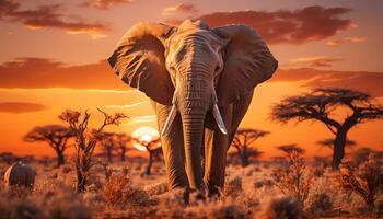 ai gerado elefante dentro pôr do sol, majestoso silhueta em africano savana gerado de ai foto
