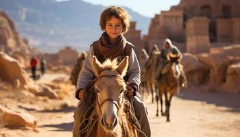 ai gerado sorridente criança equitação cavalo, desfrutando ao ar livre aventura e felicidade gerado de ai foto