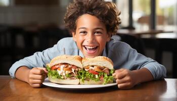 ai gerado sorridente criança olhando às Câmera, desfrutando Hamburger refeição dentro de casa gerado de ai foto
