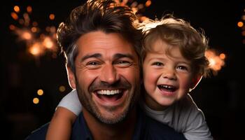 ai gerado sorridente família, pai e filho, alegre dentro de casa, amor e alegria gerado de ai foto