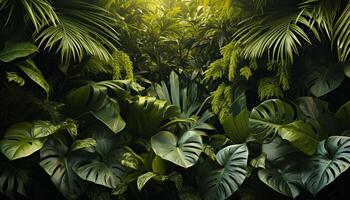 ai gerado fresco verde folhagem dentro tropical floresta tropical, uma vibrante verão beleza gerado de ai foto