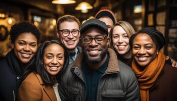 ai gerado uma alegre grupo do amigos sorridente, União, e olhando às Câmera gerado de ai foto