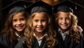 ai gerado sorridente crianças dentro graduação vestidos comemoro sucesso e amizade gerado de ai foto