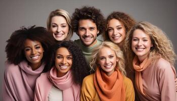 ai gerado uma grupo do alegre jovem adultos sorridente e olhando às Câmera gerado de ai foto