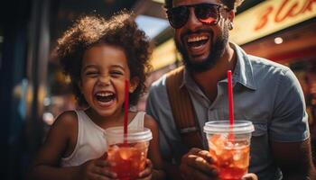 ai gerado sorridente adultos apreciar ao ar livre, bebida, ligação, e ter Diversão gerado de ai foto