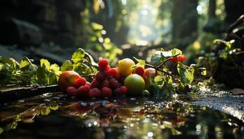 ai gerado fresco, maduro frutas dentro uma colorida jardim, refletindo em água gerado de ai foto