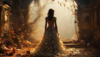 ai gerado uma lindo jovem mulher dentro uma Casamento vestir, cercado de outono folhas gerado de ai foto