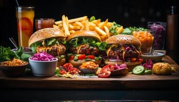 ai gerado grelhado carne hamburguer com fritas, uma clássico americano almoço gerado de ai foto