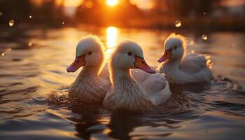 ai gerado fofa patinho grasnado de a lago, refletindo a nascer do sol beleza gerado de ai foto