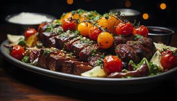 ai gerado grelhado vegetariano espeto, fresco salada, saudável refeição em de madeira prato gerado de ai foto