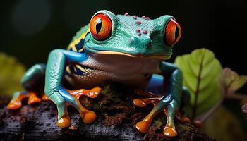 ai gerado vermelho olhos árvore rã sentado em uma folha dentro tropical floresta tropical gerado de ai foto