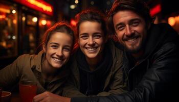 ai gerado sorridente jovem adultos desfrutando cidade vida noturna, abraçando amor e amizade gerado de ai foto