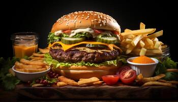 ai gerado grelhado Hamburguer de queijo com fritas, uma clássico americano velozes Comida gerado de ai foto