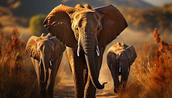 ai gerado majestoso africano elefante rebanho caminhando dentro a região selvagem às pôr do sol gerado de ai foto