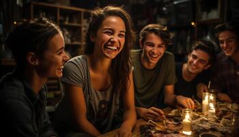 ai gerado jovem adultos sentado às uma mesa, rindo e vínculo juntos gerado de ai foto