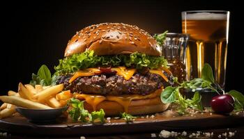 ai gerado grelhado hamburguer com queijo, tomate, e fritas em de madeira mesa gerado de ai foto