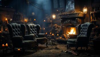 ai gerado queimando vela ilumina velho cadeira, aquecimento assustador inverno noite gerado de ai foto