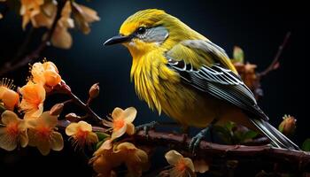 ai gerado uma pequeno amarelo pássaro empoleirar-se em uma vibrante verde ramo gerado de ai foto