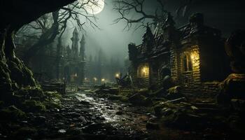 ai gerado assustador noite, Sombrio floresta, velho ruína, dia das Bruxas Horror, antigo túmulo gerado de ai foto