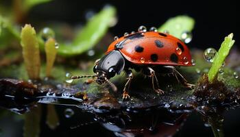 ai gerado fofa joaninha rastejando em molhado folha dentro fresco primavera gerado de ai foto